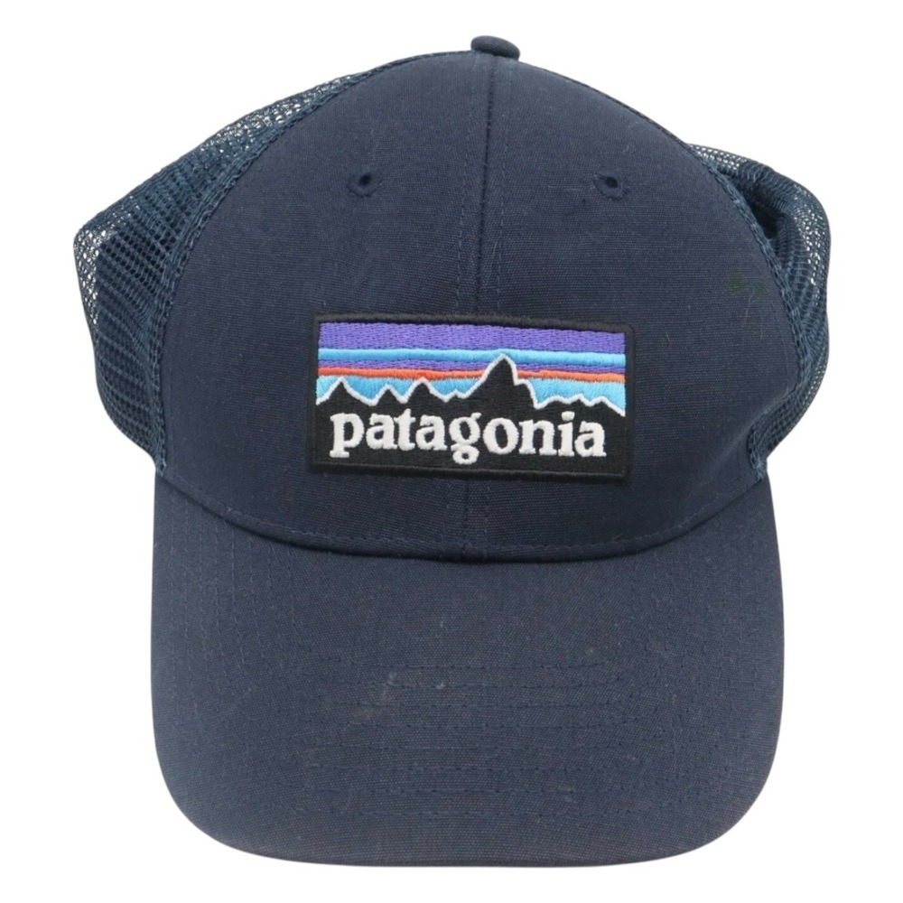 Patagonia Snapback Trucker Hat Navy Blue Cap Mesh Back Spell Out Mountain Patch